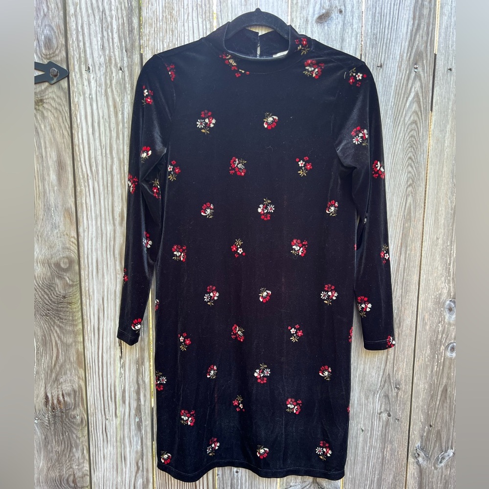 LOFT Black Floral Velvet Velour Mockneck Shift Outlet Dress Women’s XSP